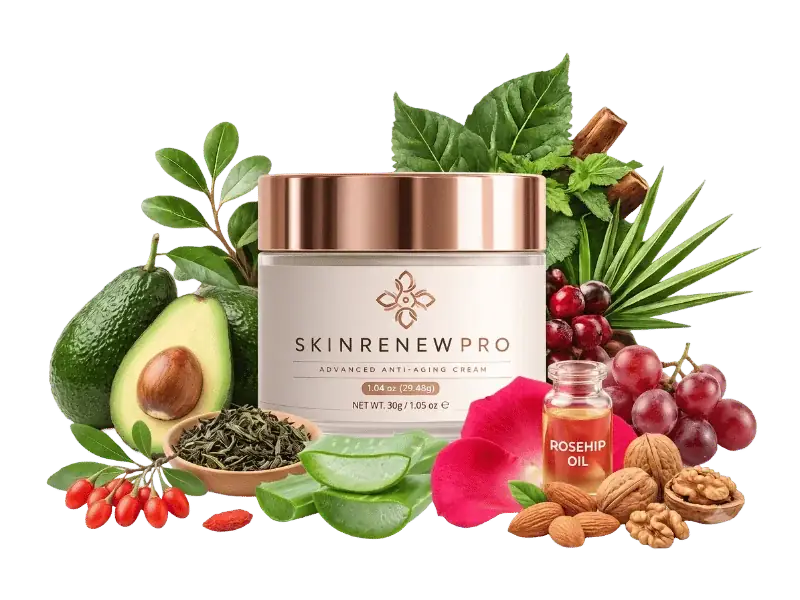 SkinRenewPro jar surrounded by rosehip, aloe vera, green tea and other botanical ingredients